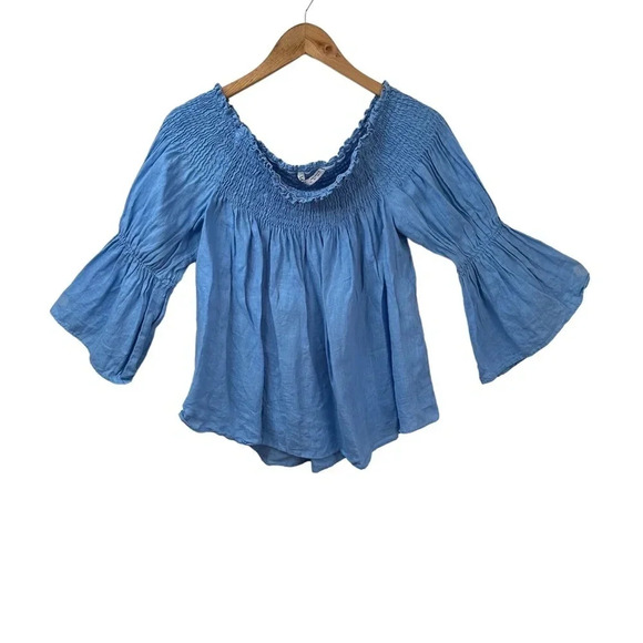 Zara  Blue off the shoulder top 100% Linen size Large - Picture 2 of 5